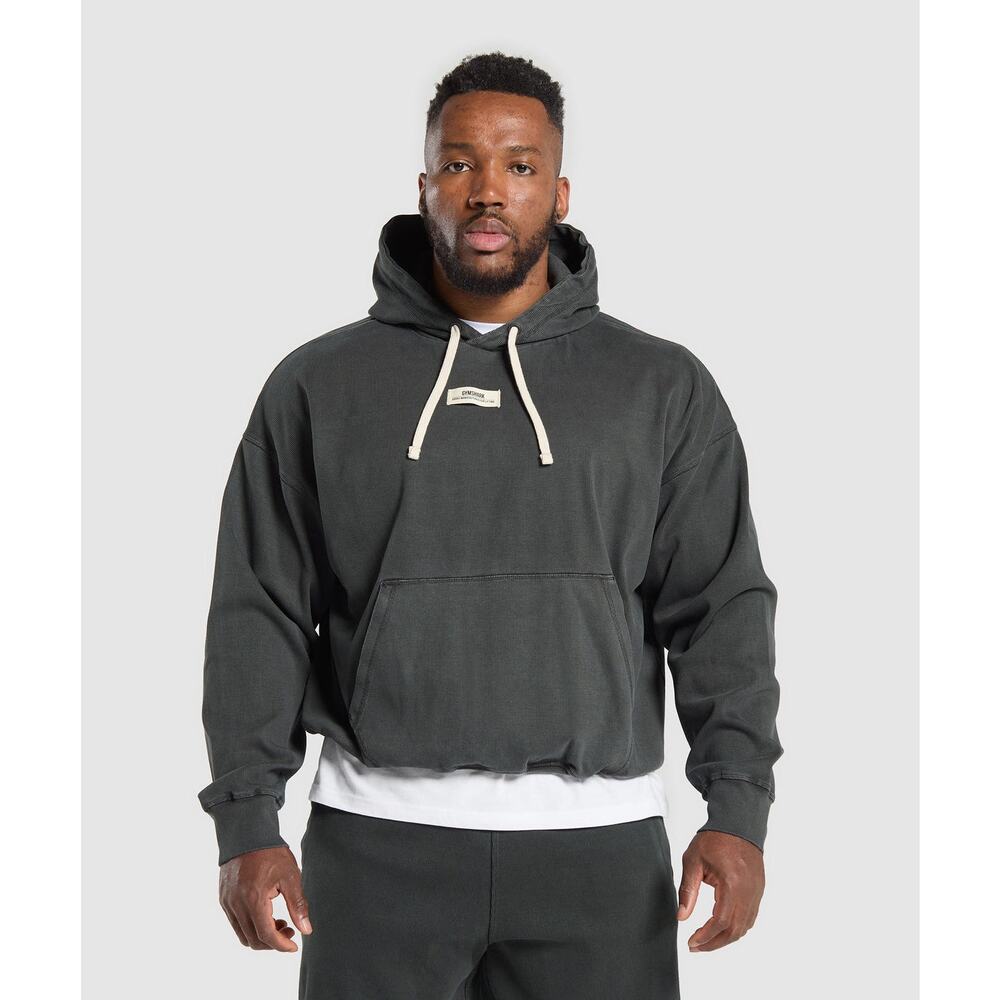 Gymshark Men's Dark Charcoal Pullover Hoodie with Cream Drawstrings